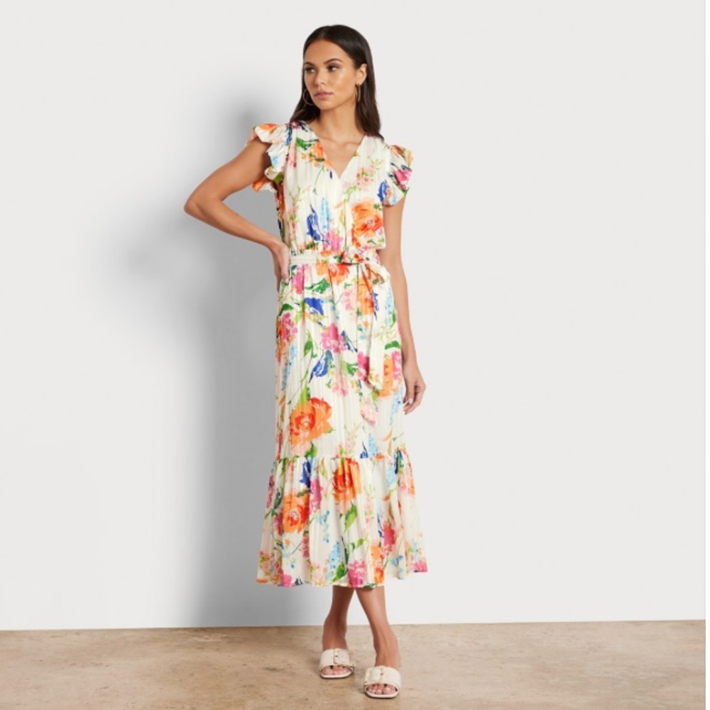 NWT Sam Edelman V-Neck Floral Midi Dress in White/Multi